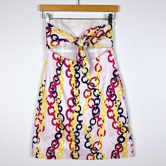 Britt Ryan Strapless Mini Dress Chain Print Preppy White Pink Navy Yellow 2 - Picture 2 of 12